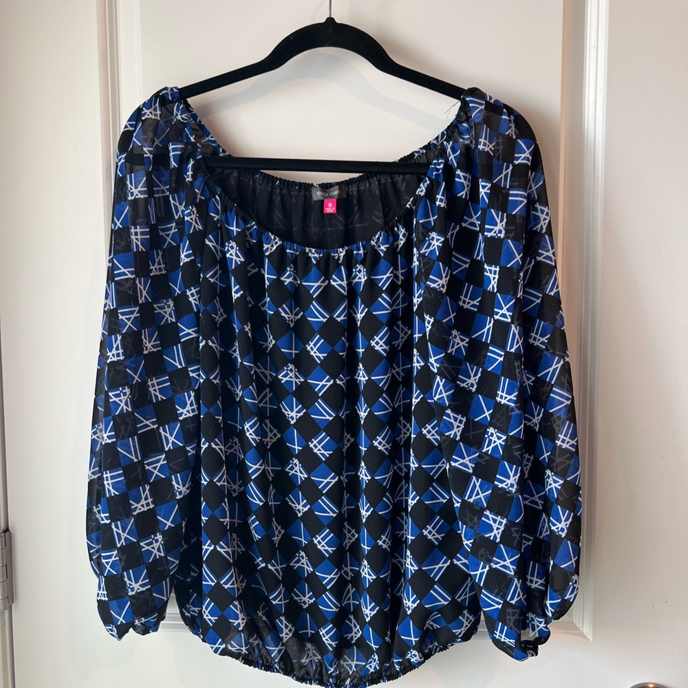 Vince Camuto Black and Blue Patterned Blouse. Medium